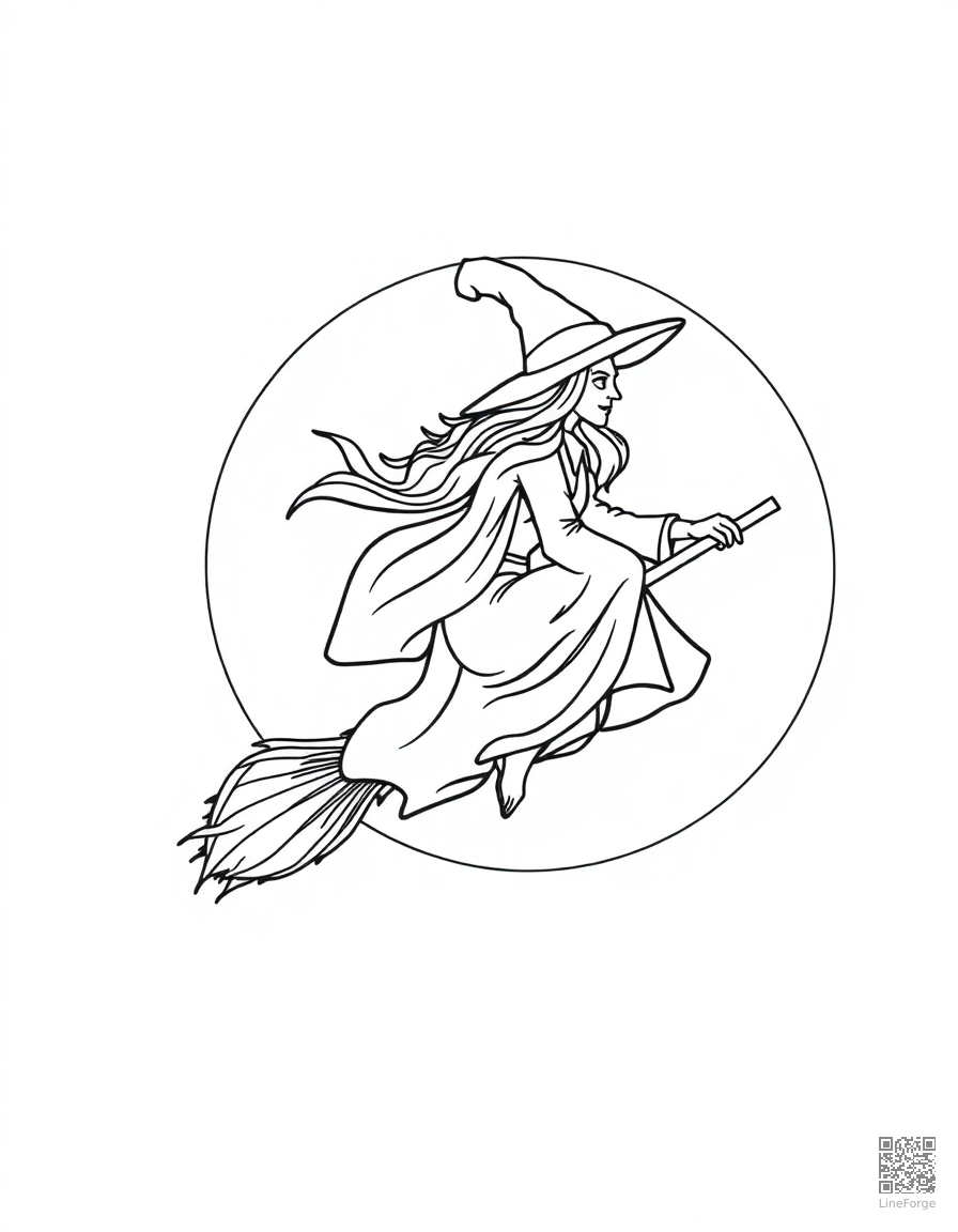 Free witch riding a broomstick over a full moon coloring page in contour style — printable line art