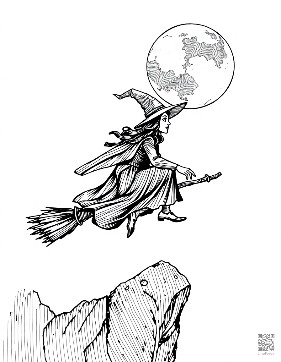 Free witch riding a broomstick over a full moon coloring page in crosshatch style — printable line art