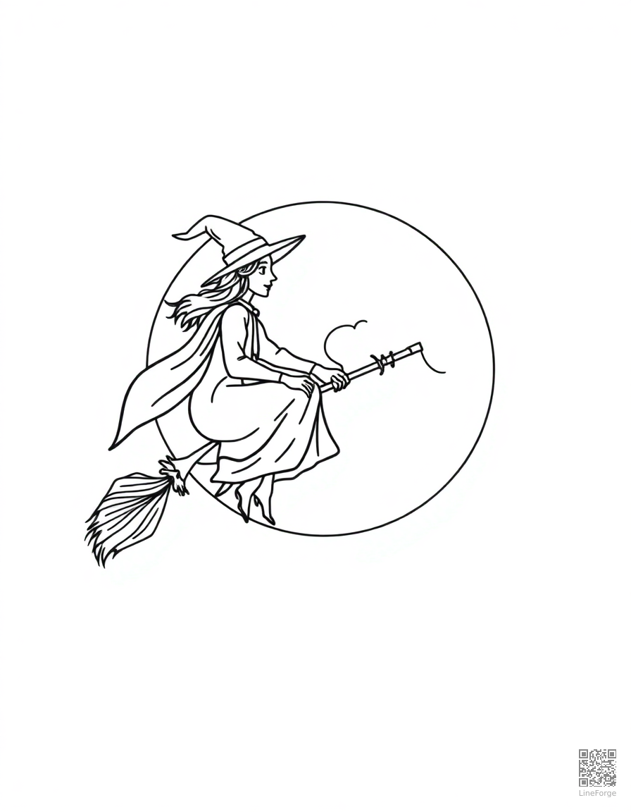 Free witch riding a broomstick over a full moon coloring page in minimal style — printable line art