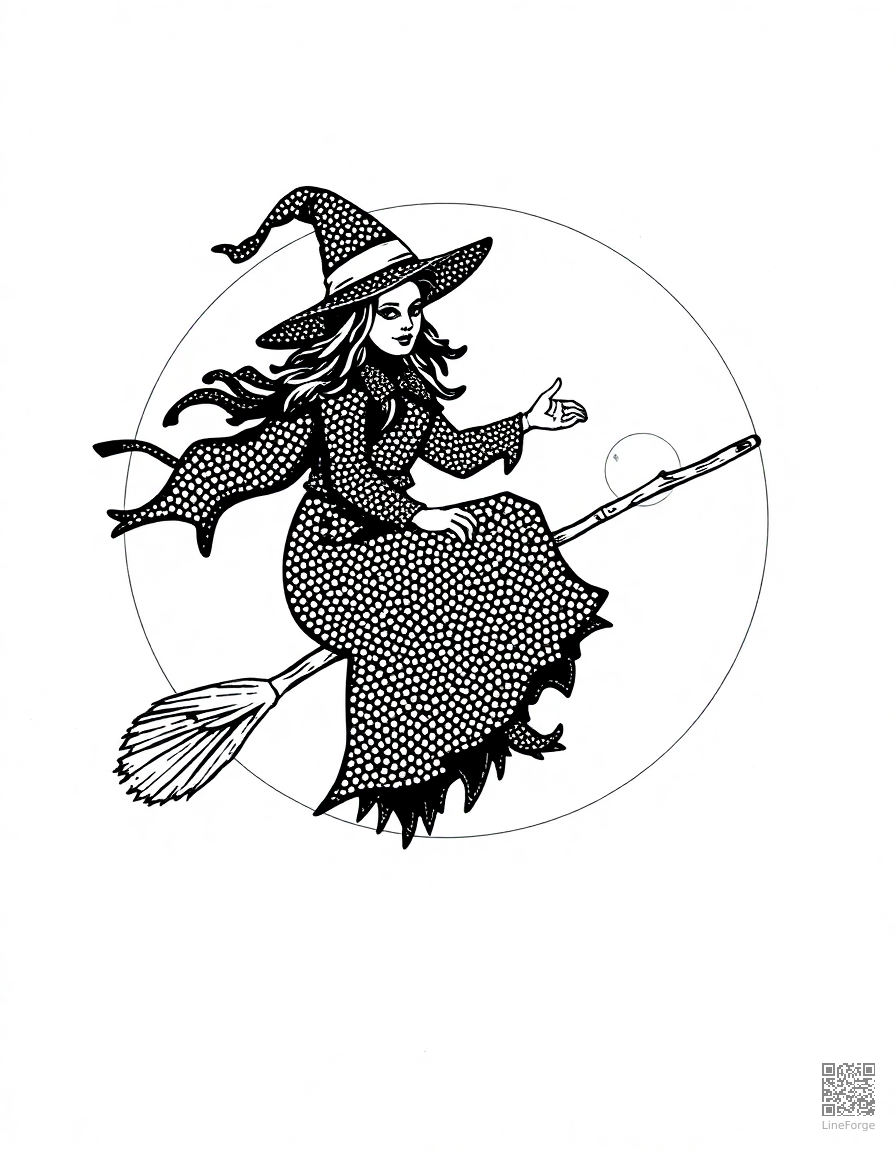 Free witch riding a broomstick over a full moon coloring page in stipple style — printable line art