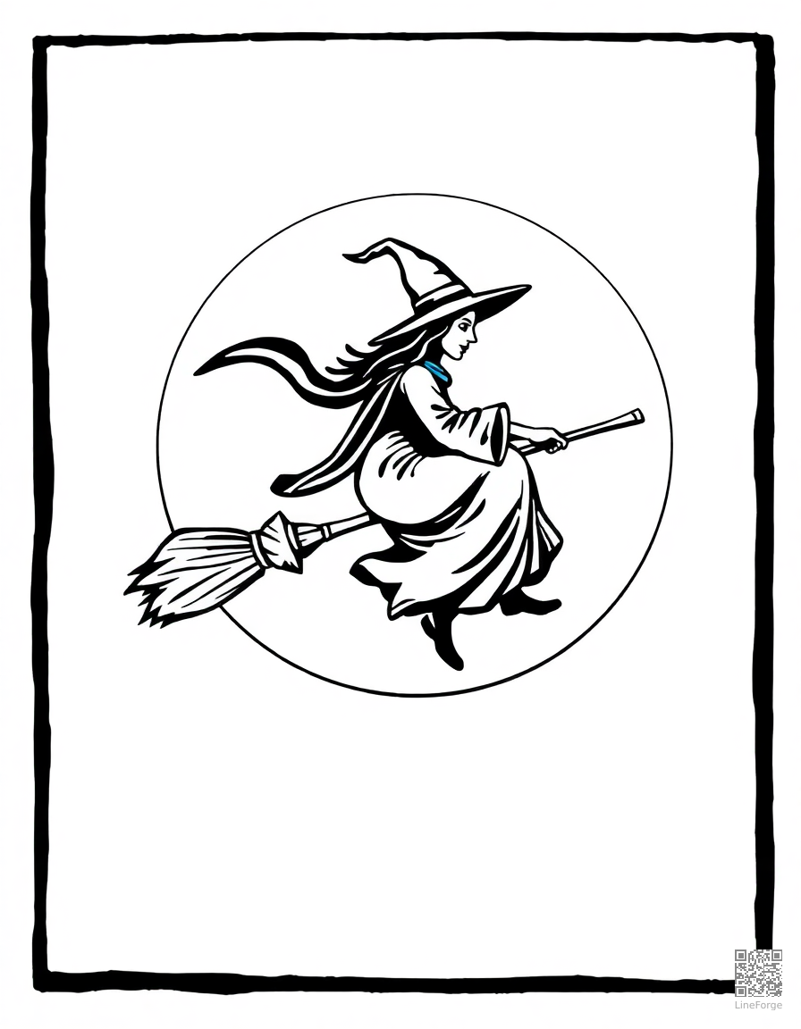 Free witch riding a broomstick over a full moon coloring page in woodcut style — printable line art