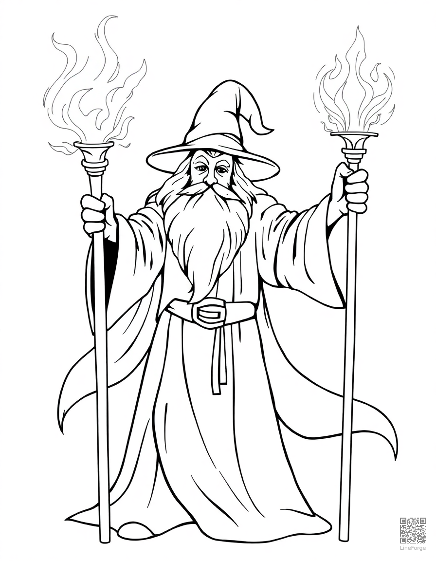 Free wizard casting a spell with a glowing staff coloring page in contour style — printable line art