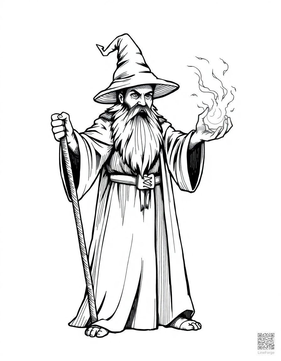 Free wizard casting a spell with a glowing staff coloring page in crosshatch style — printable line art