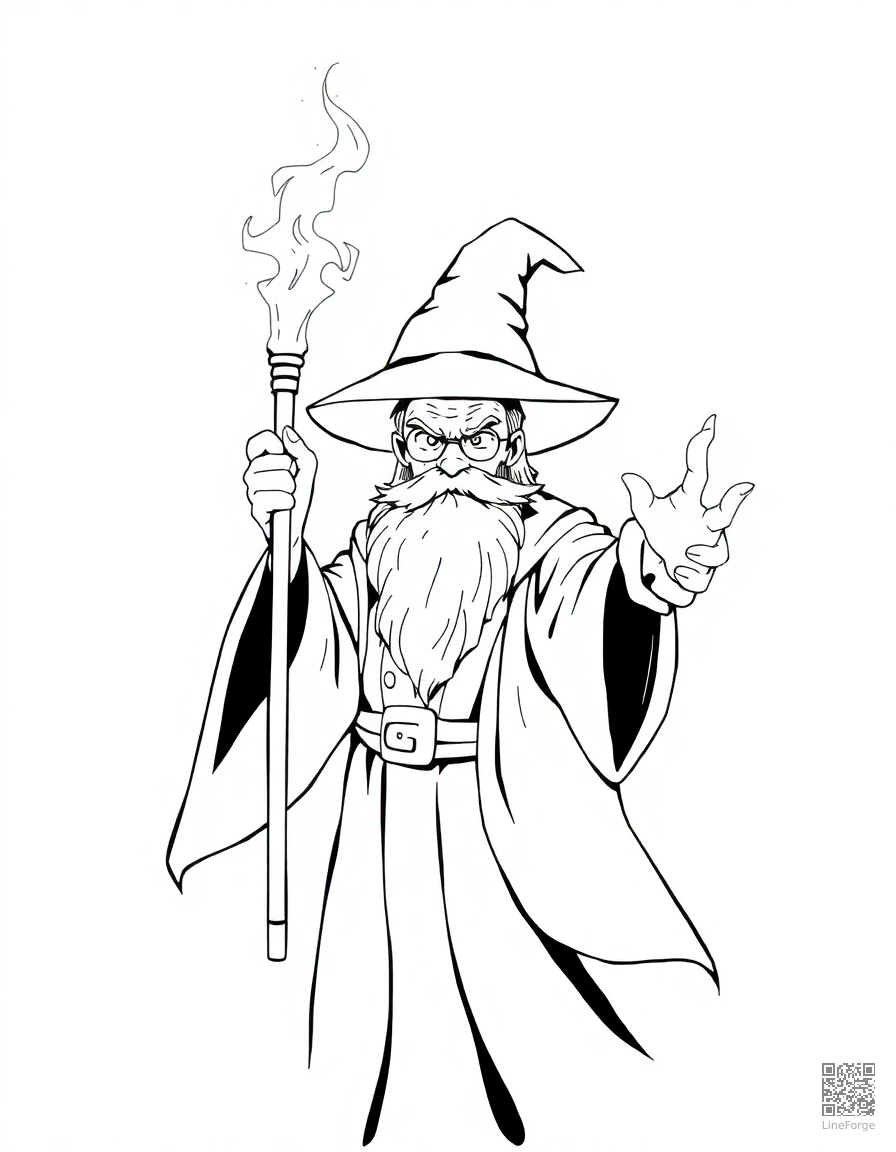 Free wizard casting a spell with a glowing staff coloring page in manga style — printable line art