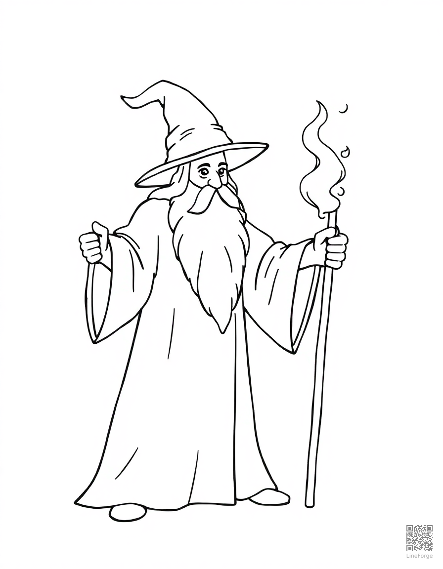 wizard casting a spell with a glowing staff coloring page Minimal style - free printable