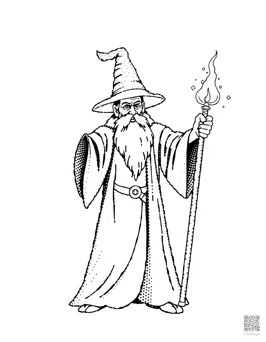 Free wizard casting a spell with a glowing staff coloring page in stipple style — printable line art