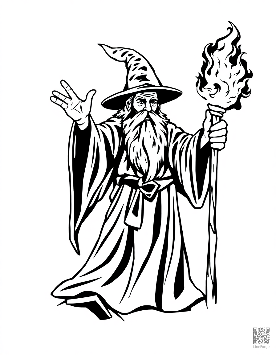 wizard casting a spell with a glowing staff coloring page Woodcut style - free printable