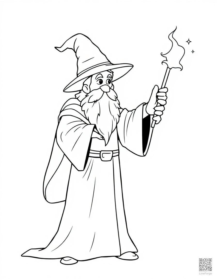Free wizard casting a spell with a magic wand coloring page in contour style — printable line art
