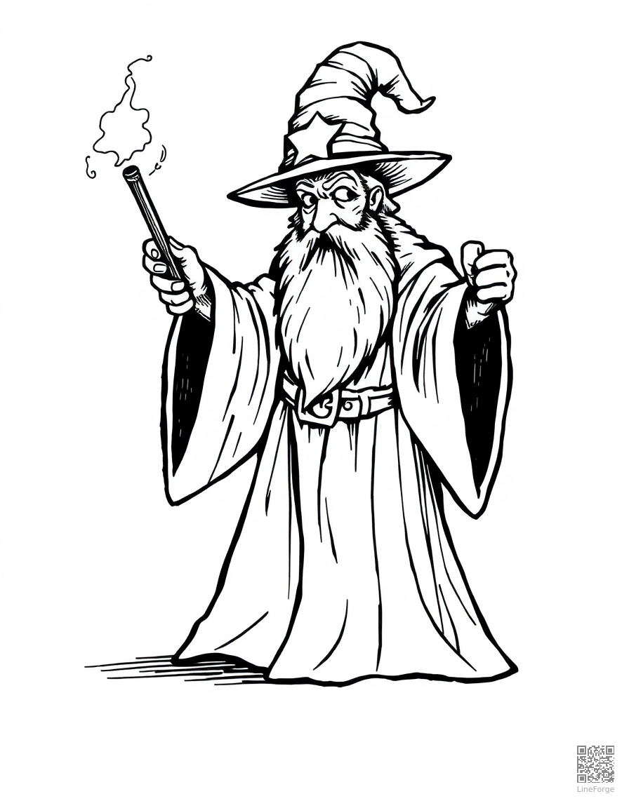 Free wizard casting a spell with a magic wand coloring page in crosshatch style — printable line art