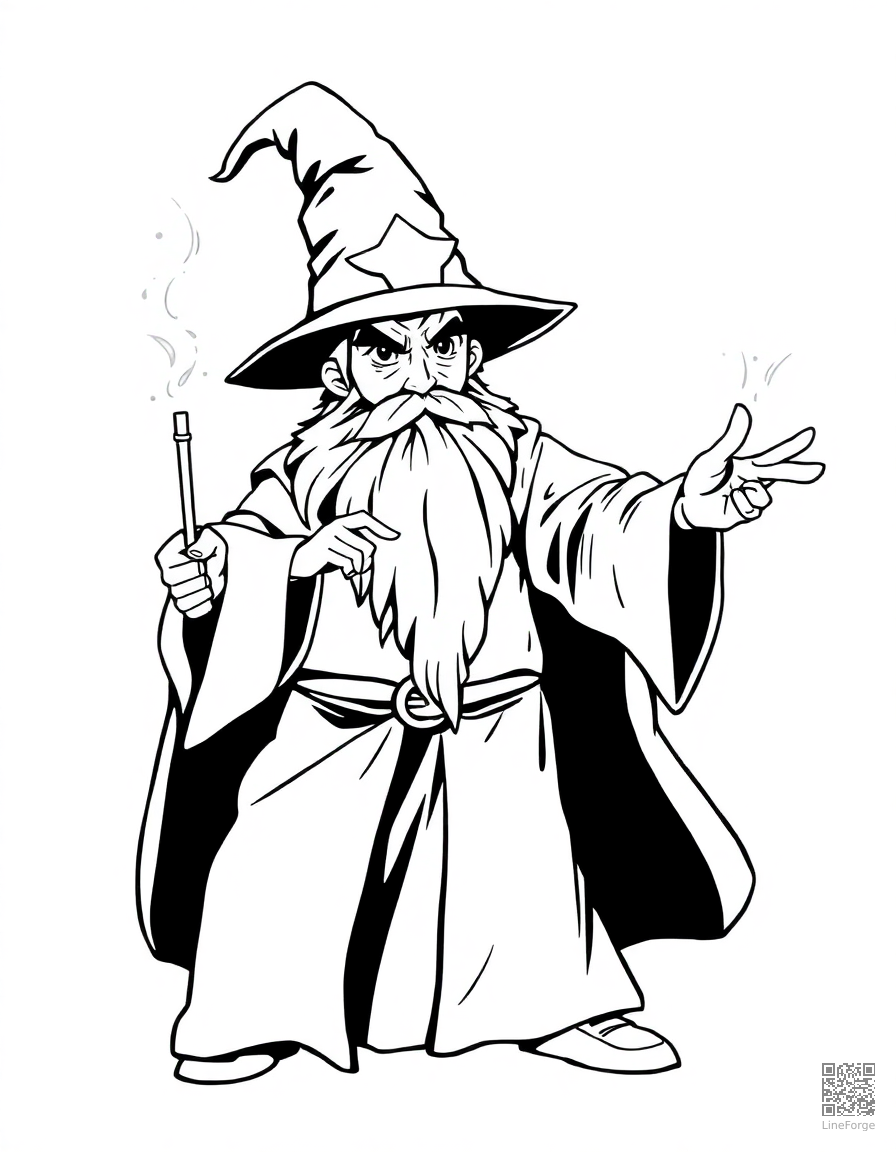 Free wizard casting a spell with a magic wand coloring page in manga style — printable line art