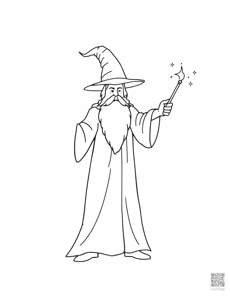 Free wizard casting a spell with a magic wand coloring page in minimal style — printable line art