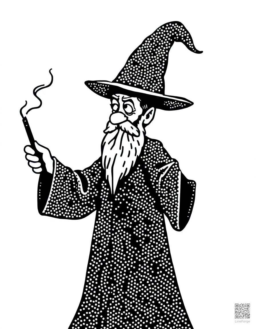 Free wizard casting a spell with a magic wand coloring page in stipple style — printable line art