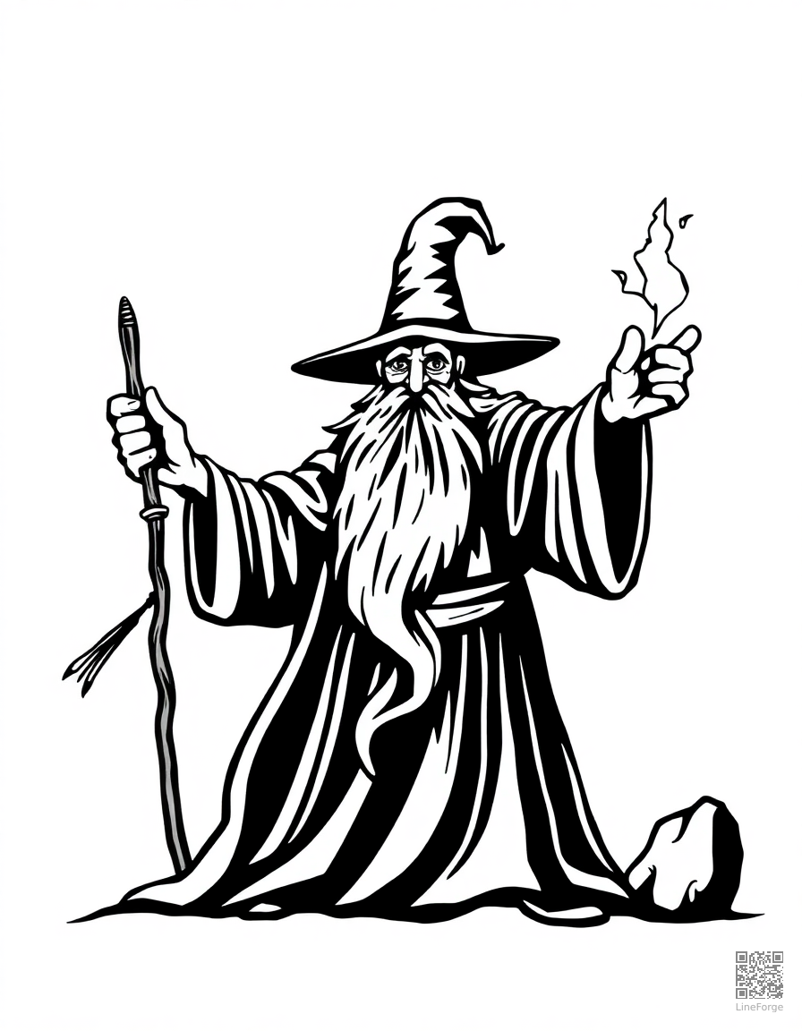 Free wizard casting a spell with a magic wand coloring page in woodcut style — printable line art