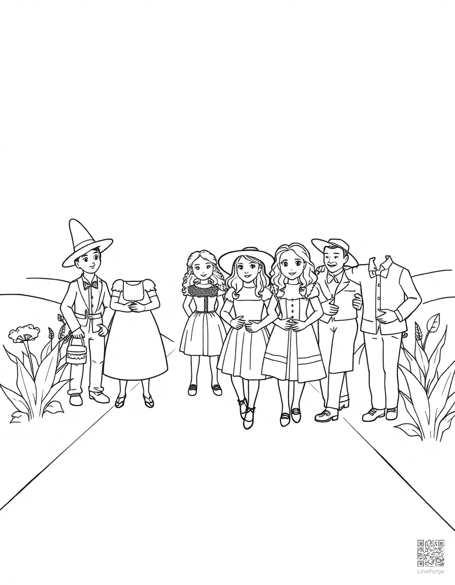 Free wizard of oz characters on the yellow brick road coloring page in contour style — printable line art