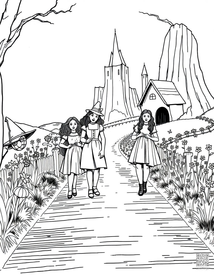 wizard of oz characters on the yellow brick road coloring page Crosshatch style free printable