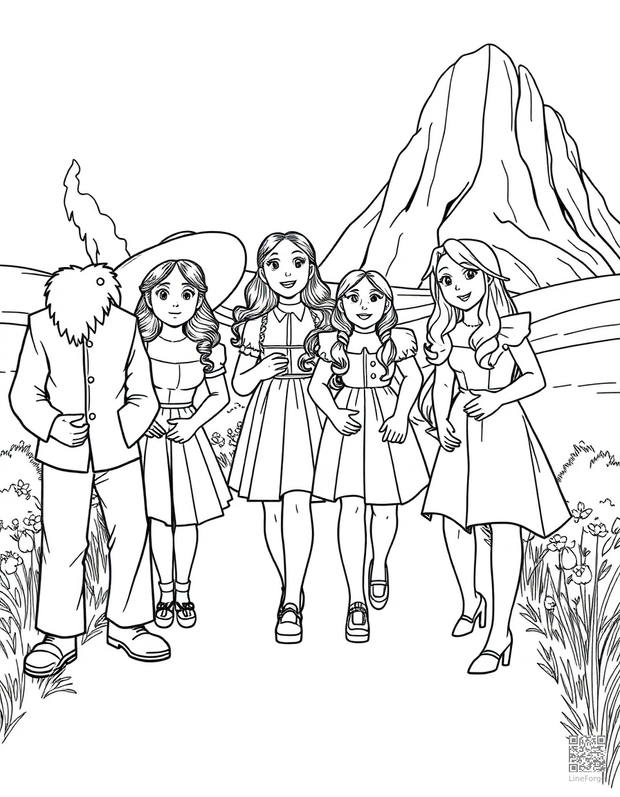 wizard of oz characters on the yellow brick road coloring page Manga style free printable