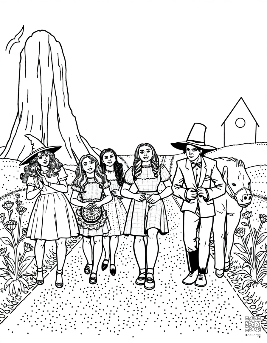 wizard of oz characters on the yellow brick road coloring page Stipple style free printable