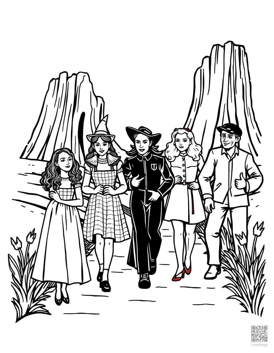 wizard of oz characters on the yellow brick road coloring page Woodcut style free printable