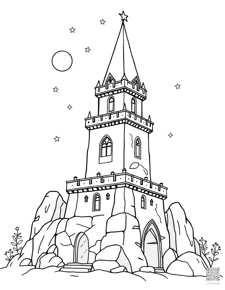 Free wizard tower with stars and moons coloring page in contour style — printable line art