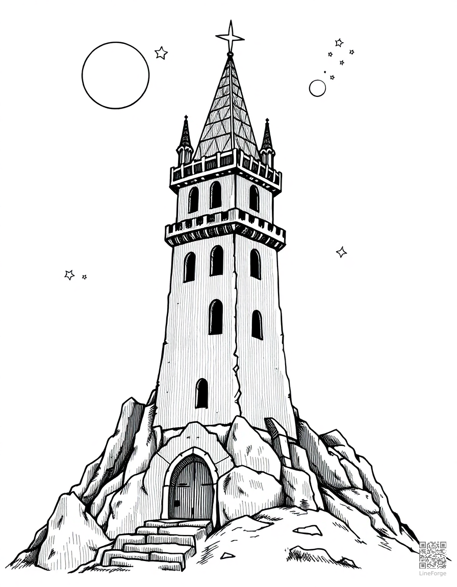 Free wizard tower with stars and moons coloring page in crosshatch style — printable line art