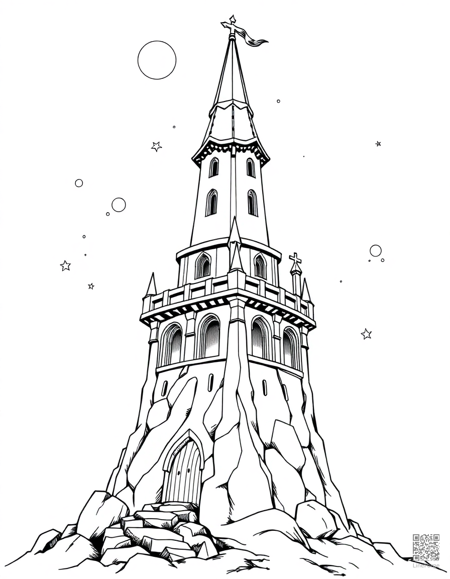 Free wizard tower with stars and moons coloring page in manga style — printable line art