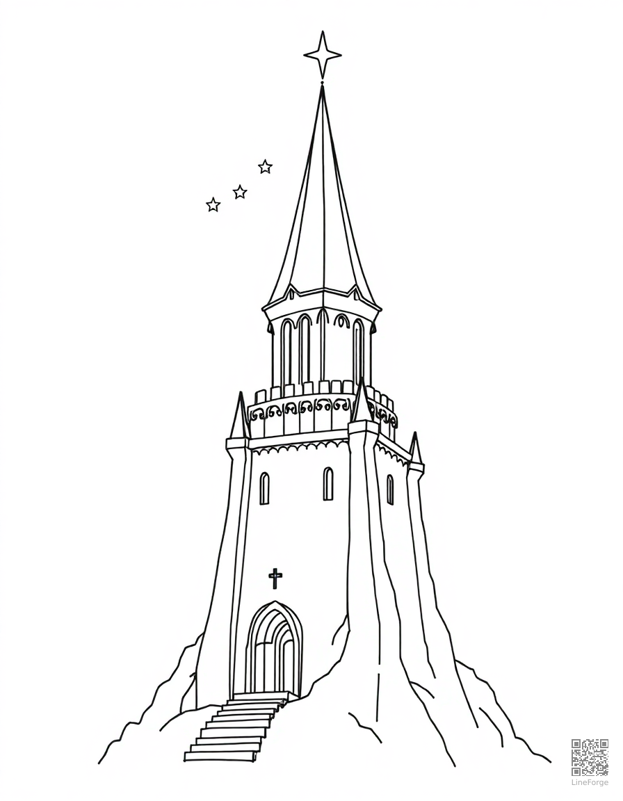 Free wizard tower with stars and moons coloring page in minimal style — printable line art