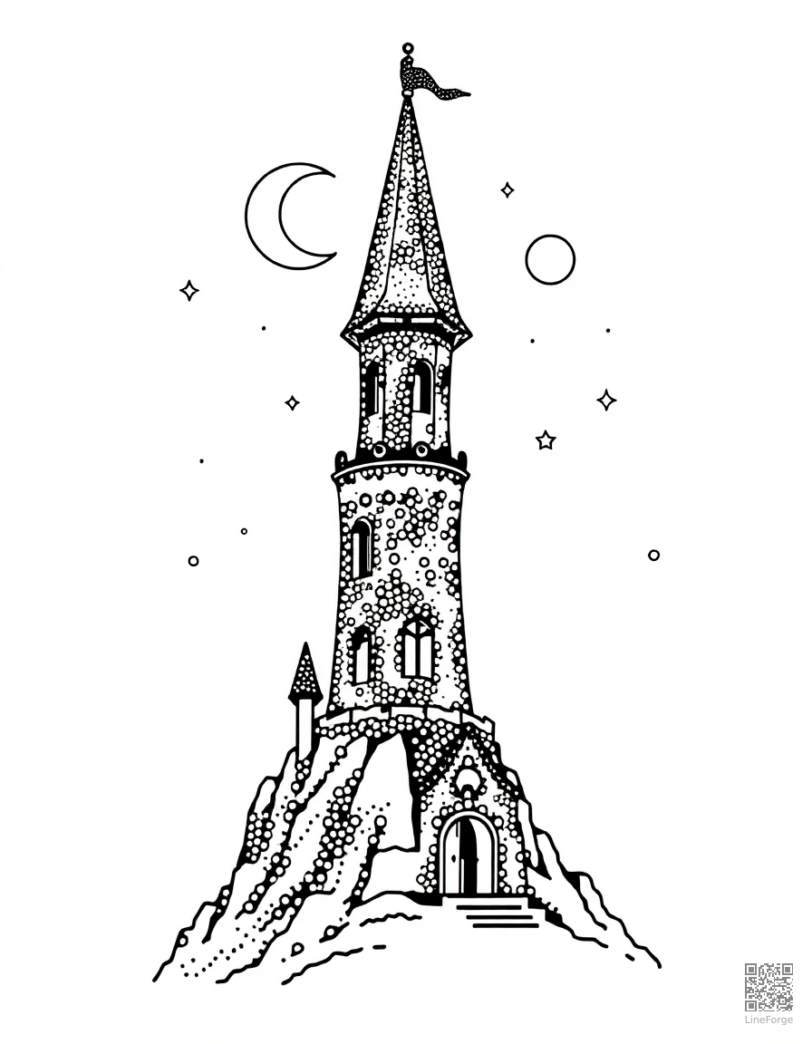 Free wizard tower with stars and moons coloring page in stipple style — printable line art