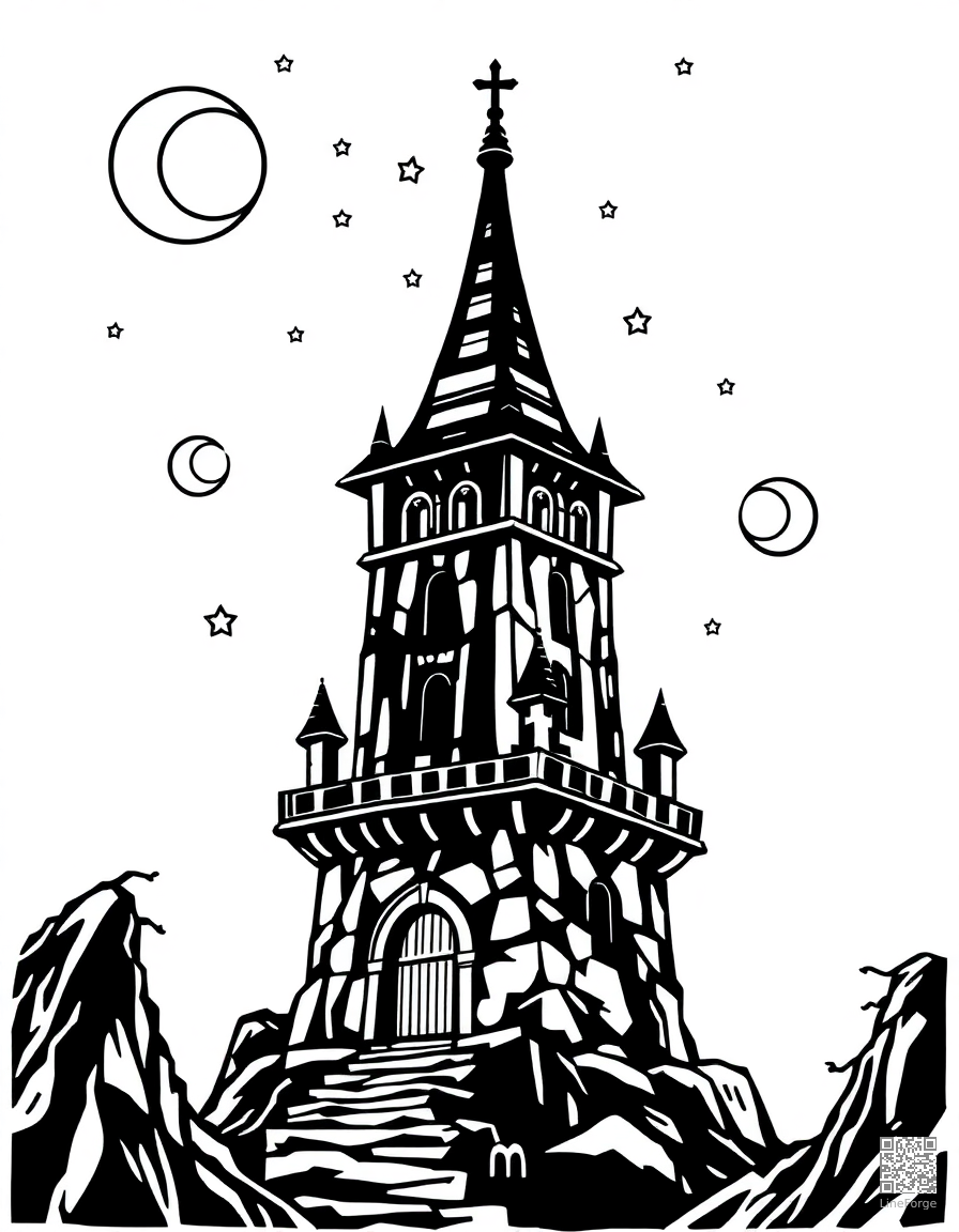 Free wizard tower with stars and moons coloring page in woodcut style — printable line art