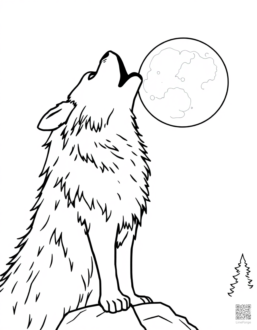 Free wolf howling at the moon coloring page in contour style — printable line art