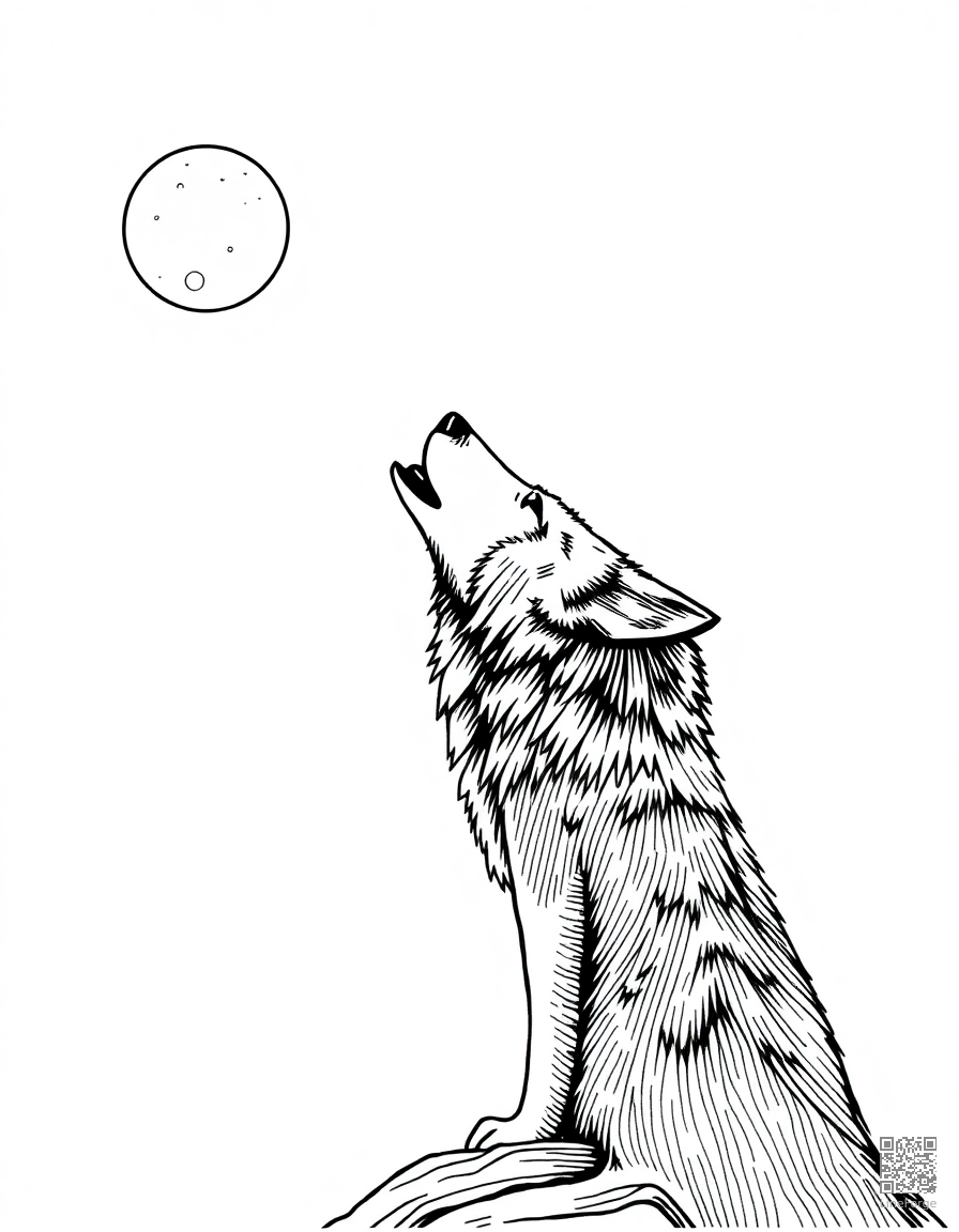 Free wolf howling at the moon coloring page in crosshatch style — printable line art