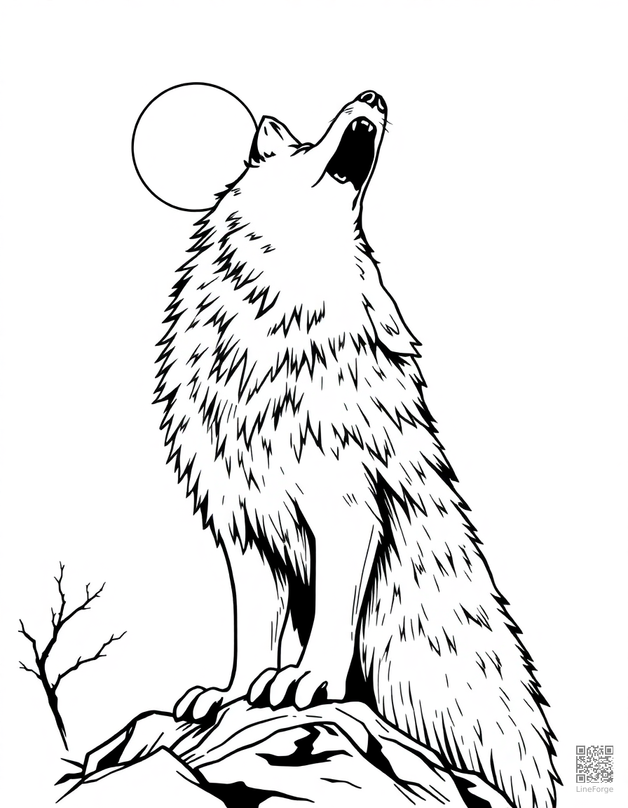 Free wolf howling at the moon coloring page in manga style — printable line art