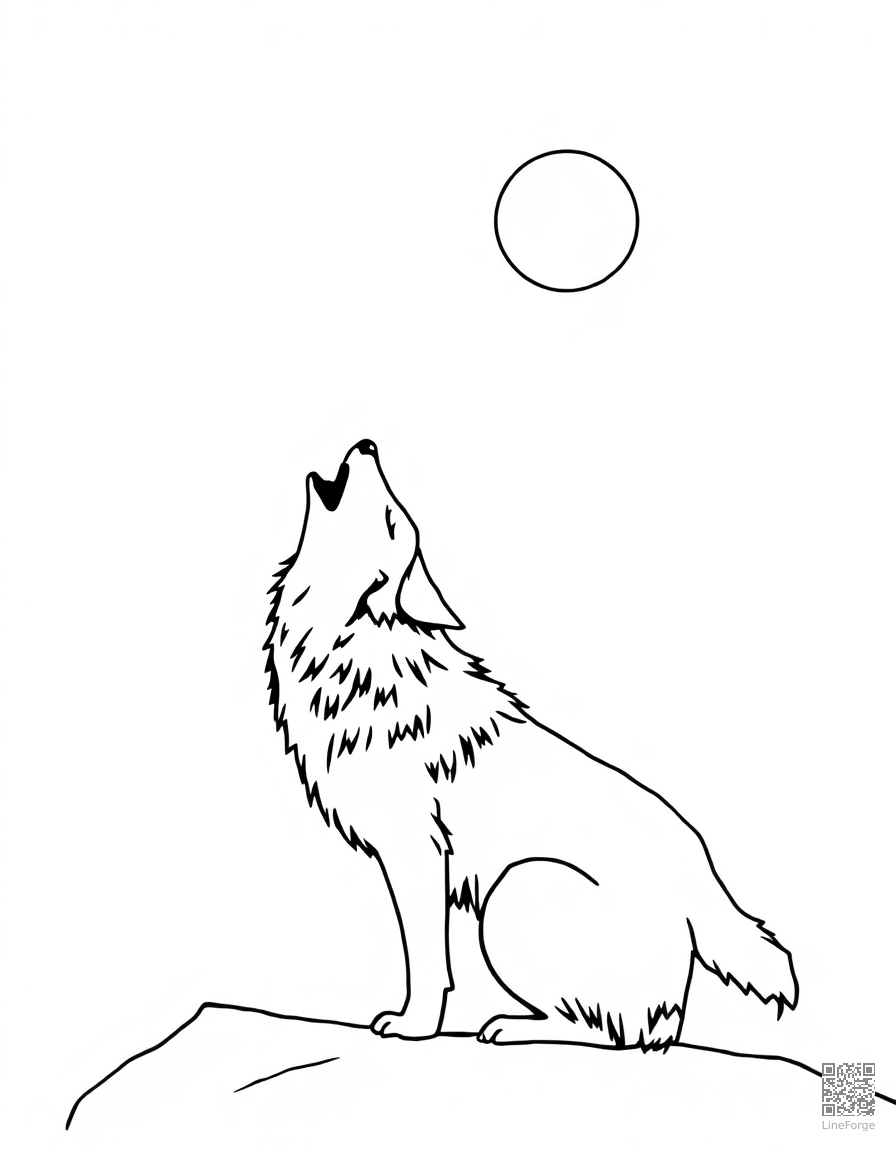 Free wolf howling at the moon coloring page in minimal style — printable line art