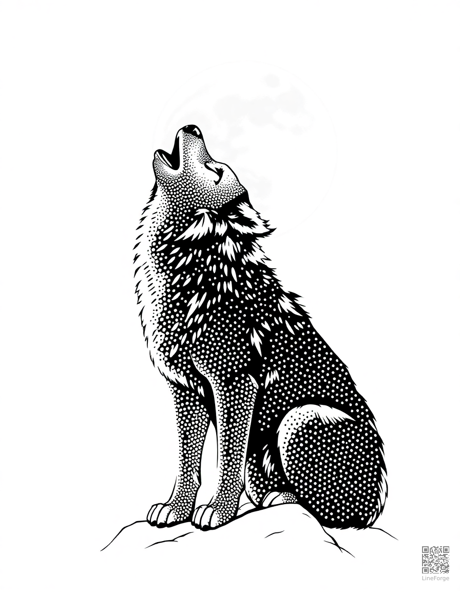 Free wolf howling at the moon coloring page in stipple style — printable line art