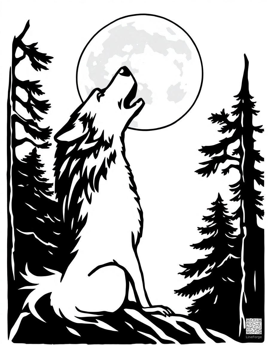 Free wolf howling at the moon coloring page in woodcut style — printable line art