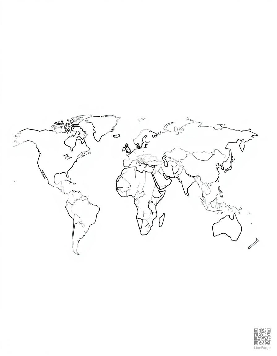 world map with animals from each continent coloring page Contour style free printable