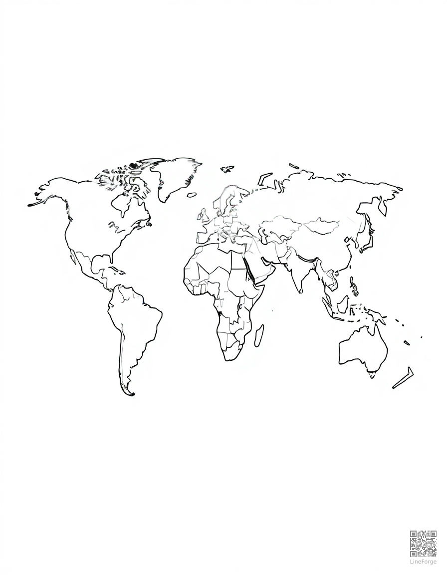 world map with animals from each continent coloring page Manga style free printable