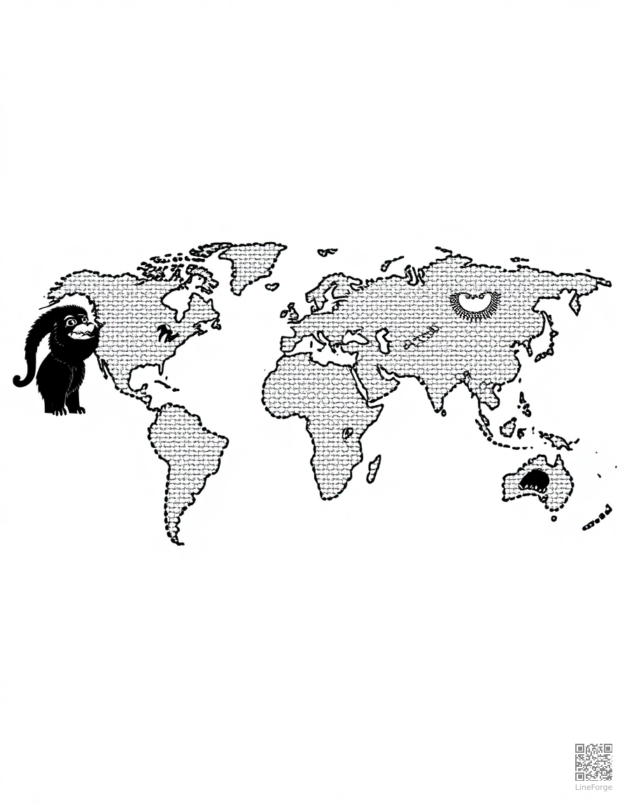 world map with animals from each continent coloring page Stipple style free printable