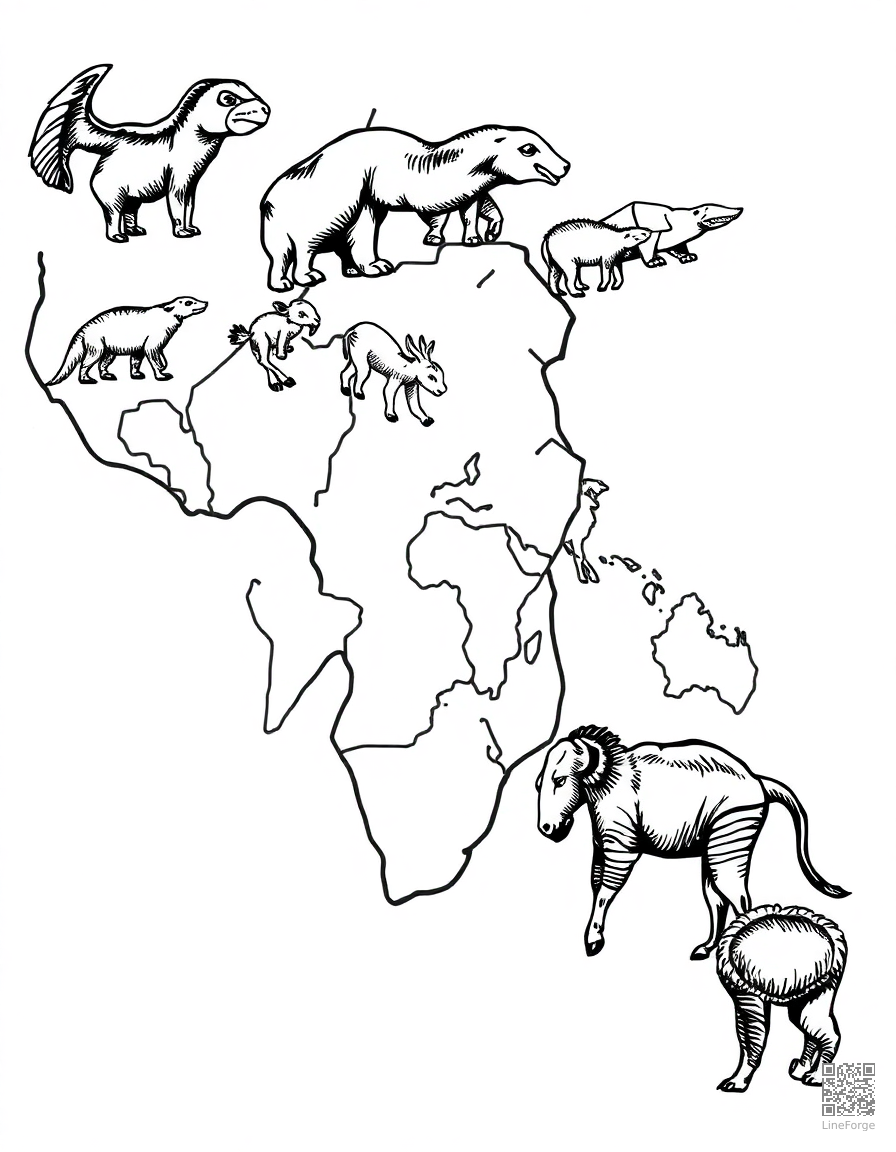 world map with animals from each continent coloring page Woodcut style free printable