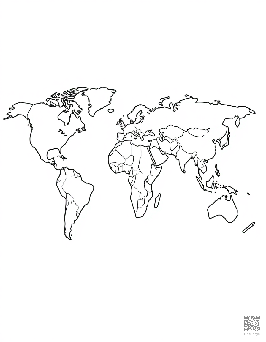Free world map with continents coloring page in contour style — printable line art