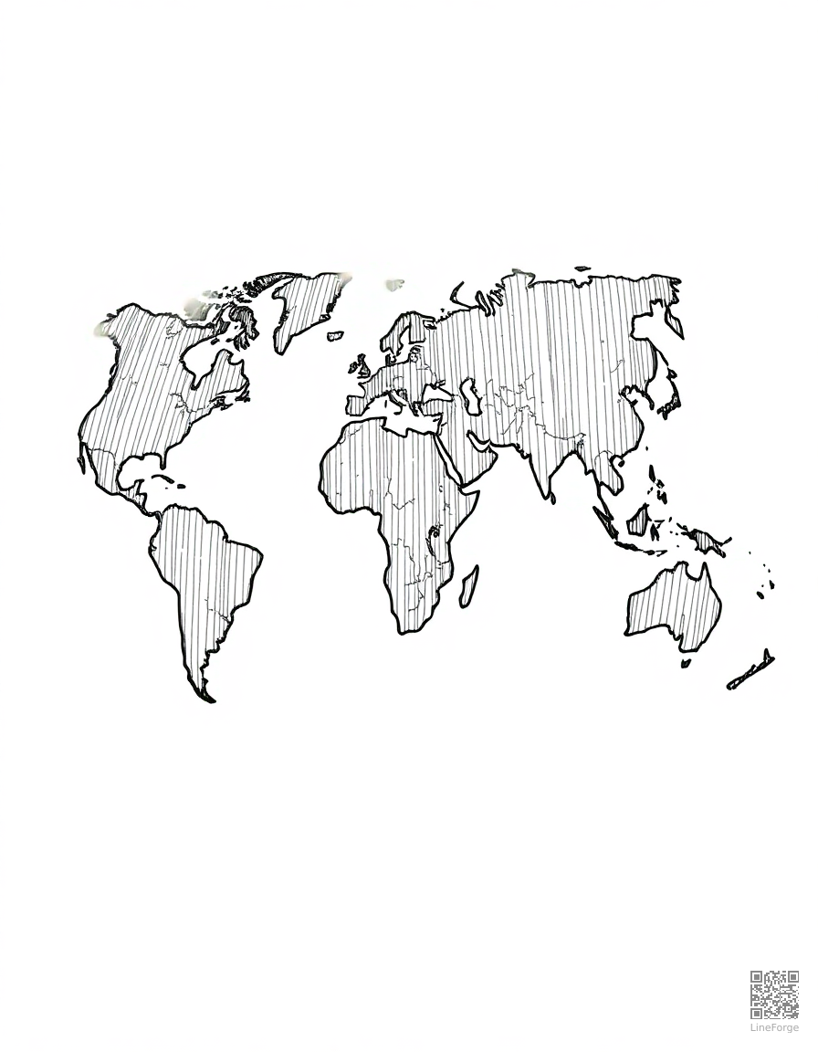 Free world map with continents coloring page in crosshatch style — printable line art