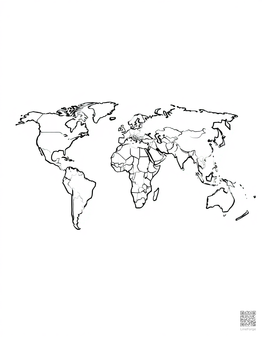 Free world map with continents coloring page in manga style — printable line art