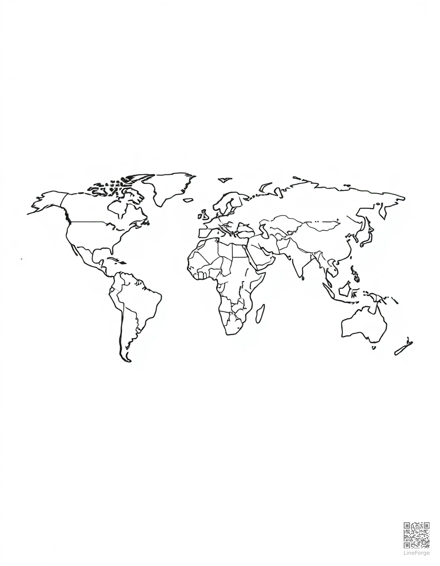 Free world map with continents coloring page in minimal style — printable line art