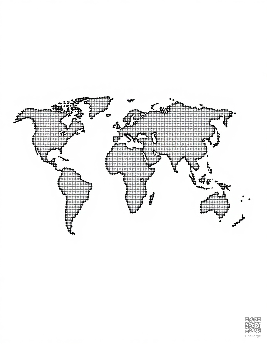Free world map with continents coloring page in stipple style — printable line art