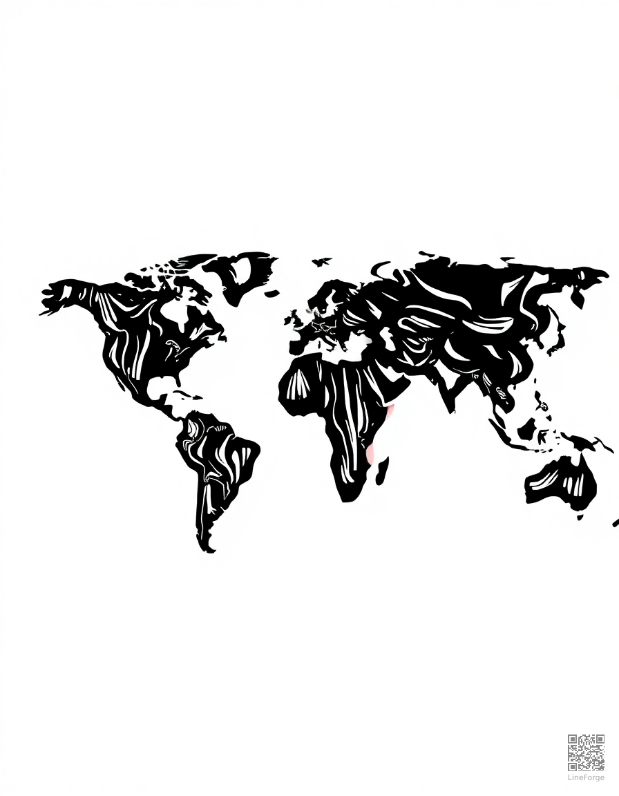 Free world map with continents coloring page in woodcut style — printable line art