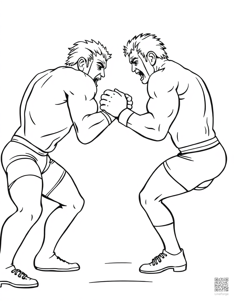 Free wrestling match with two competitors coloring page in contour style — printable line art