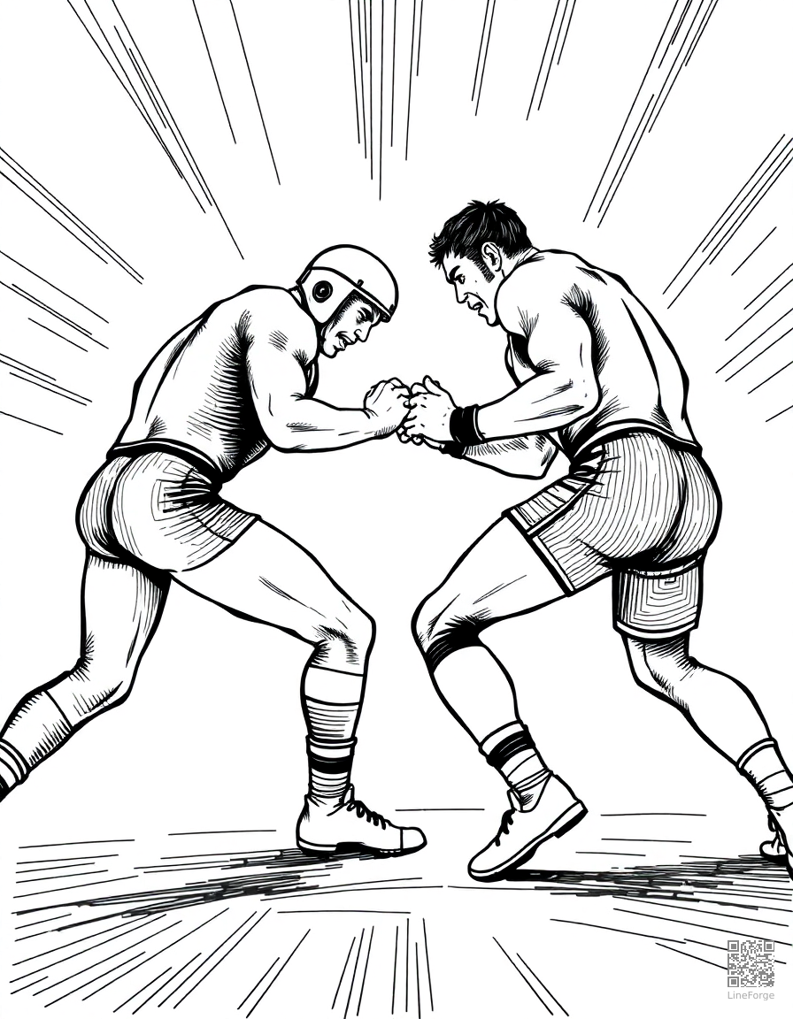 Free wrestling match with two competitors coloring page in crosshatch style — printable line art