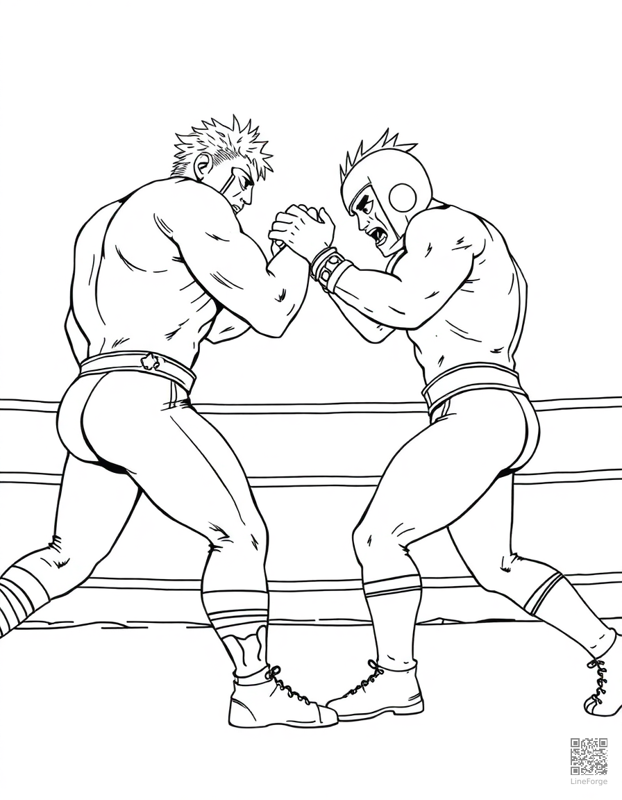 Free wrestling match with two competitors coloring page in manga style — printable line art