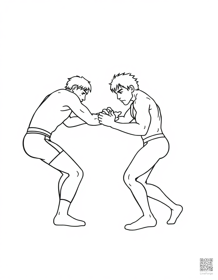 Free wrestling match with two competitors coloring page in minimal style — printable line art