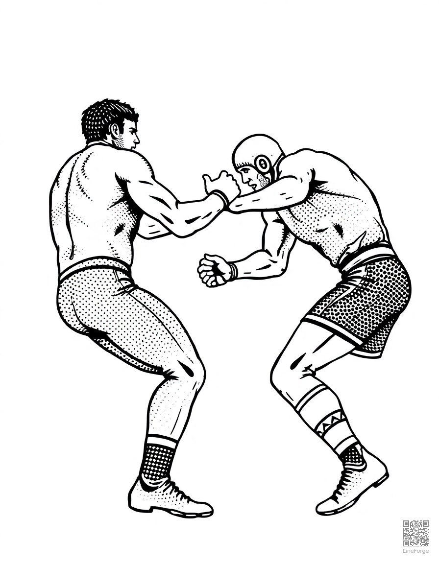 wrestling match with two competitors coloring page Stipple style free printable