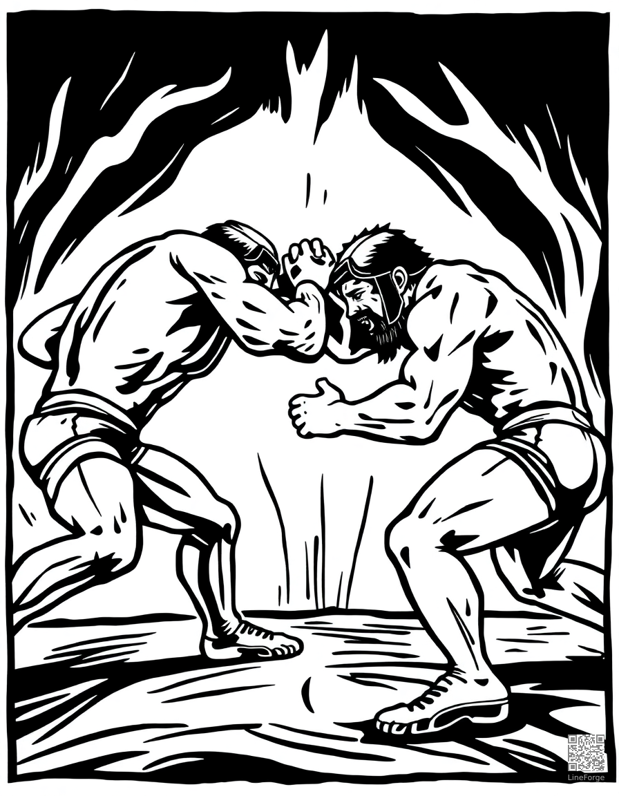 Free wrestling match with two competitors coloring page in woodcut style — printable line art